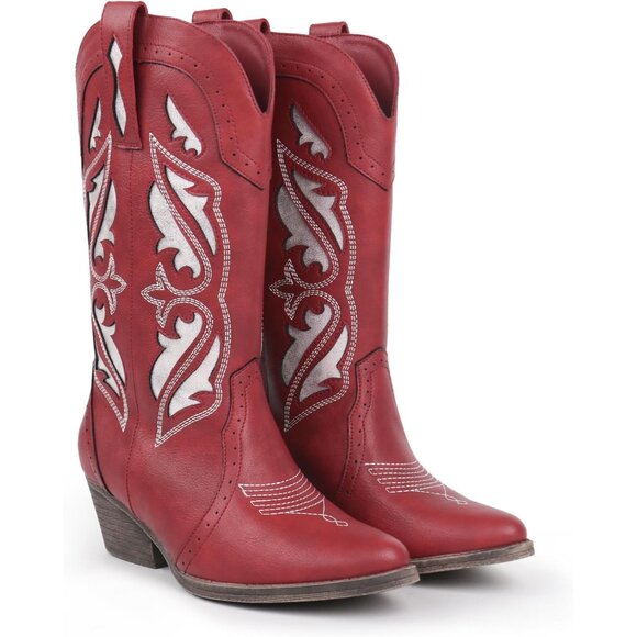 Brand New Women's Red Synthetic Embroidered Stitched Chunky Heel Western Booties - Picture 5 of 6